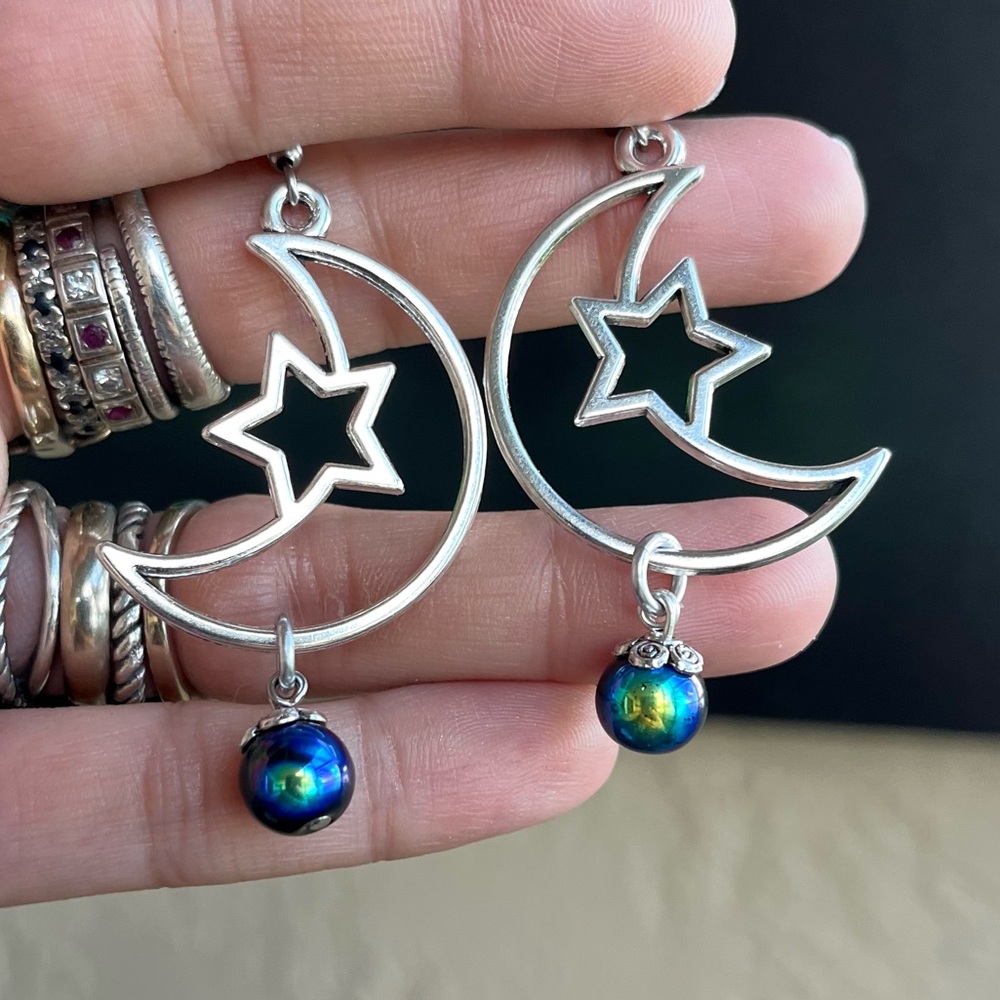 Set ! Moon stars iridescent black green beads necklace + matching earrings boho - Picture 2 of 12
